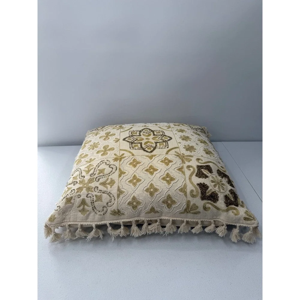 Beaded Throw Pillow Square Cotton Gold Cream Boho Tassel Accent Cushion 18x18
